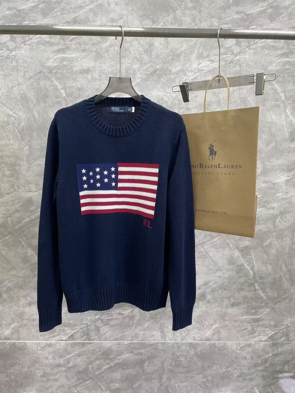 Polo Ralph Lauren American Flag Crewneck Knit Sweater Navy Blue